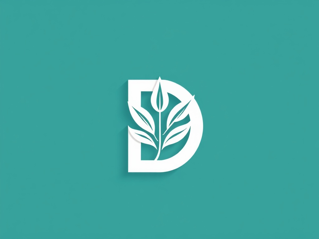 A sleek geometric logo mark: an abstract 'D' intertwined with a data line and a leaf, flat design with muted teal and white, minimal shadow. Photorealistic, 8k, commercial photography style.